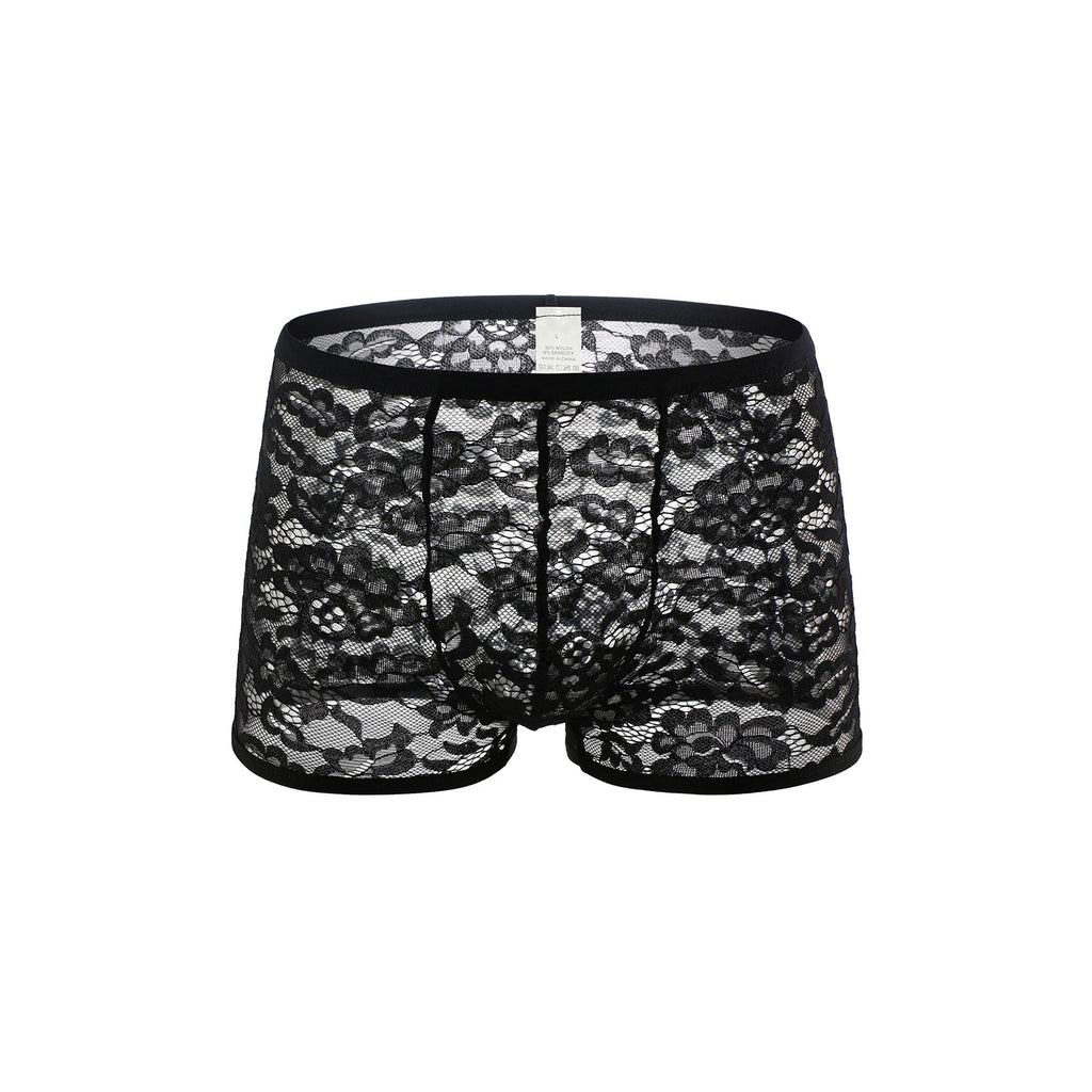 Men's Sexy Lace Pattern Mesh Black Thong Briefs